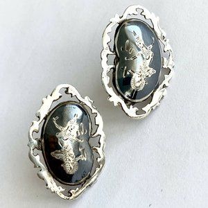 Vintage Nielloware Siam Sterling Silver Mekkala Goddess Screw on Earrings
